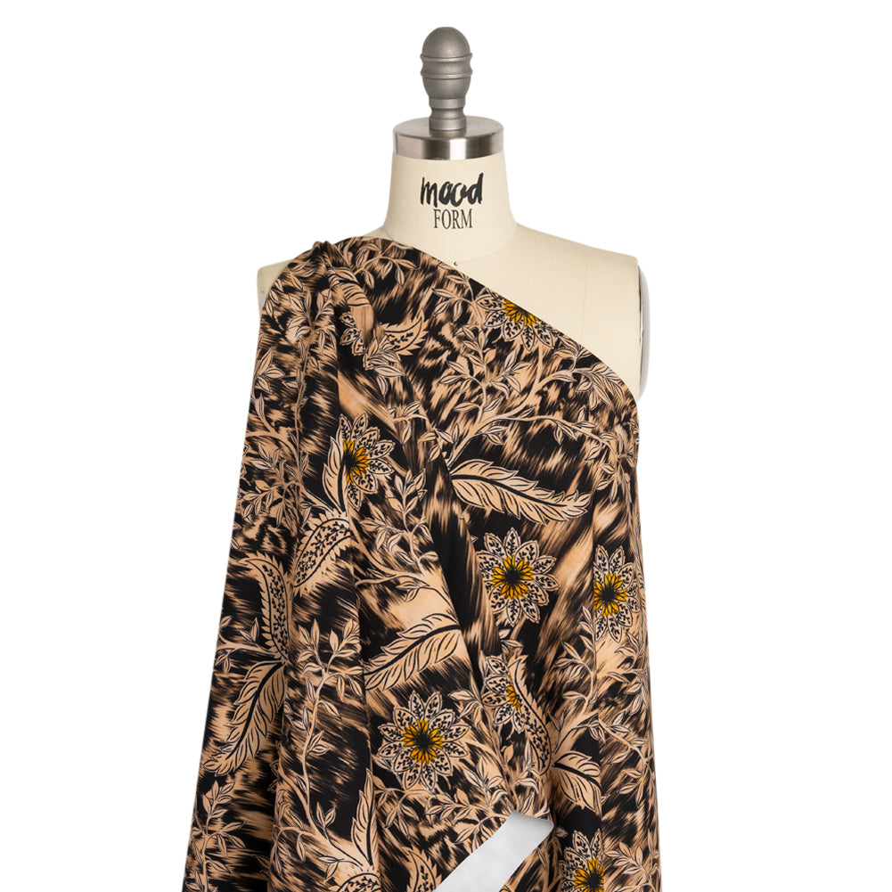 Stretch Polyester Woven Print - Beige Florals on Abstract Ikat - Mood Exclusive Rambling Brambles Drape