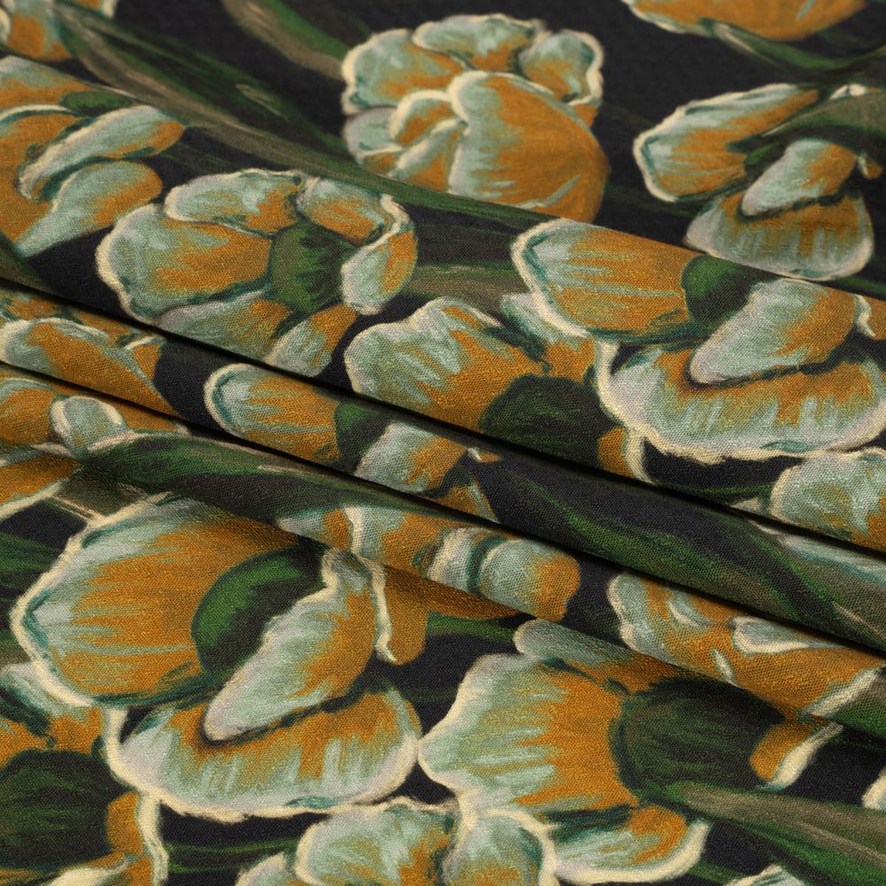 Sustainable Viscose Floral Jacquard Print - Dark Orange, Green and Black Floral - Mood Exclusive Draped in Dawn Folded