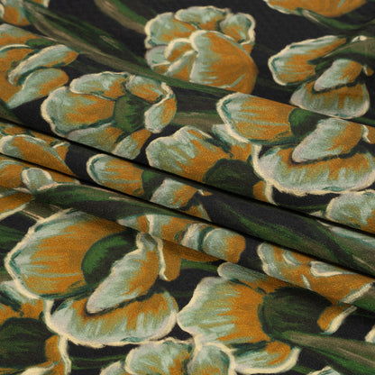Sustainable Viscose Floral Jacquard Print - Dark Orange, Green and Black Floral - Mood Exclusive Draped in Dawn Folded