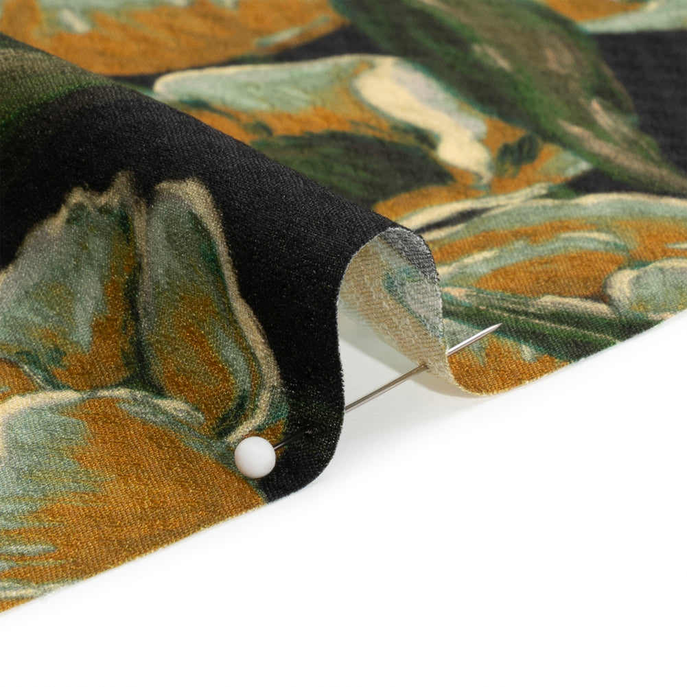 Sustainable Viscose Floral Jacquard Print - Dark Orange, Green and Black Floral - Mood Exclusive Draped in Dawn Detail
