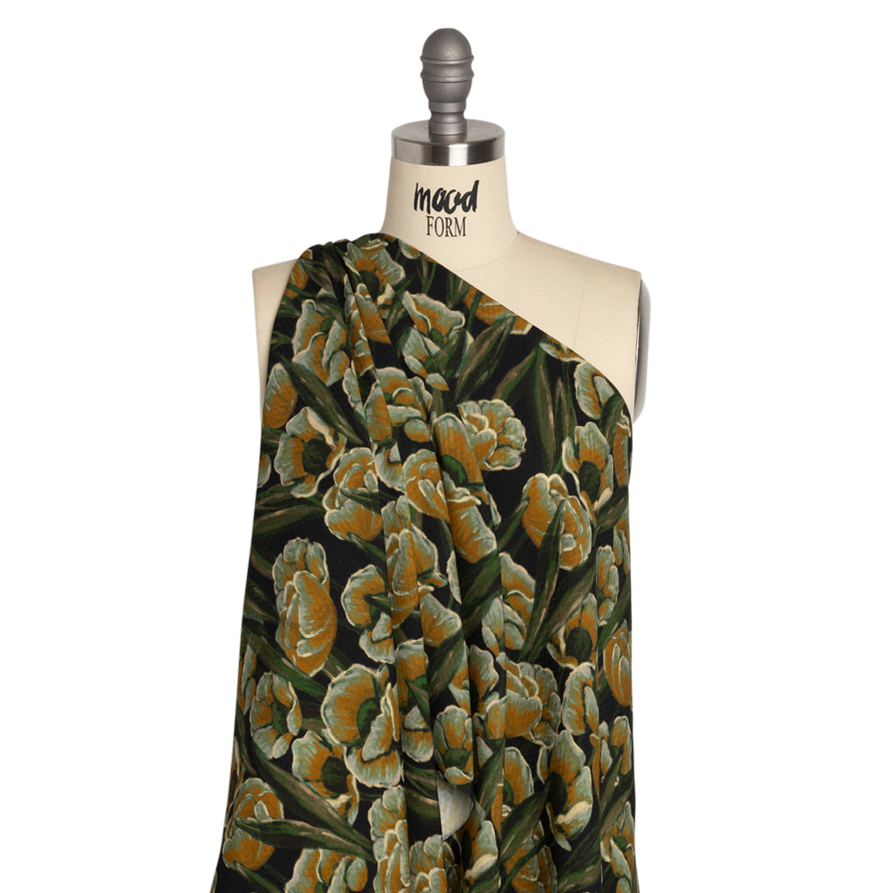 Sustainable Viscose Floral Jacquard Print - Dark Orange, Green and Black Floral - Mood Exclusive Draped in Dawn Drape