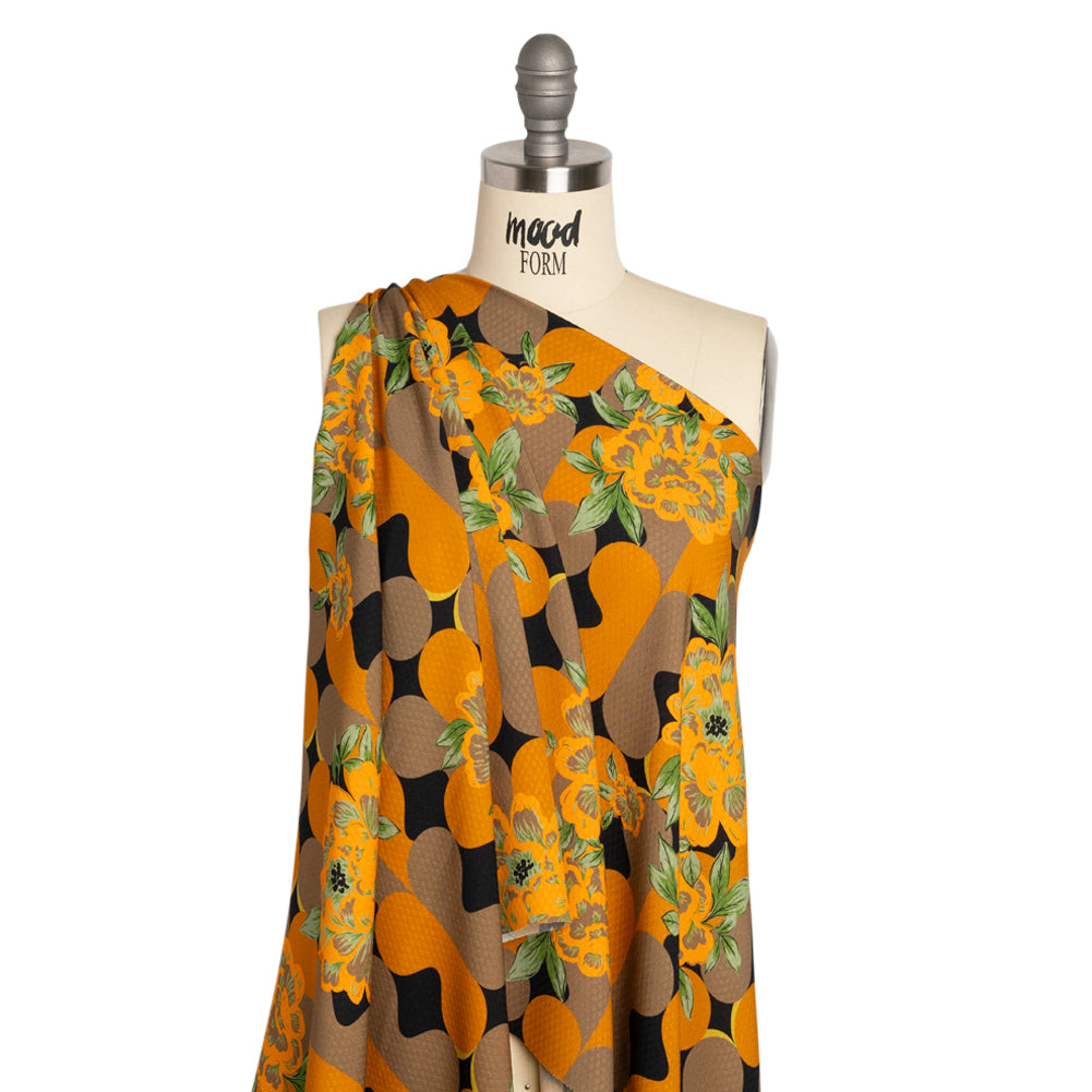 Sustainable Viscose Floral Jacquard Print - Orange, Green and Black Floral and Abstract - Mood Exclusive Hip Hydrangea Drape