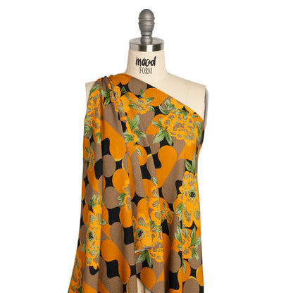 Sustainable Viscose Floral Jacquard Print - Orange, Green and Black Floral and Abstract - Mood Exclusive Hip Hydrangea Drape