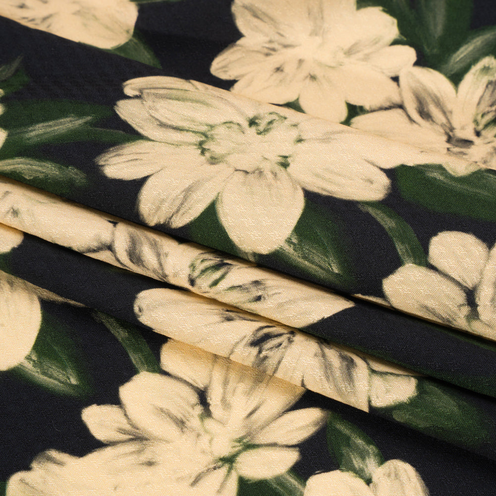 Sustainable Viscose Floral Jacquard Print - Beige and Black Floral - Mood Exclusive Midnight at Giverny Folded