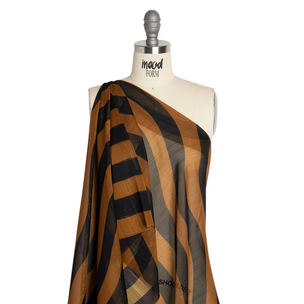 Polyester Chiffon Print with Metallic Pinstripes - Brown and Black Wavy Stripes - Mood Exclusive Delray Daze Drape