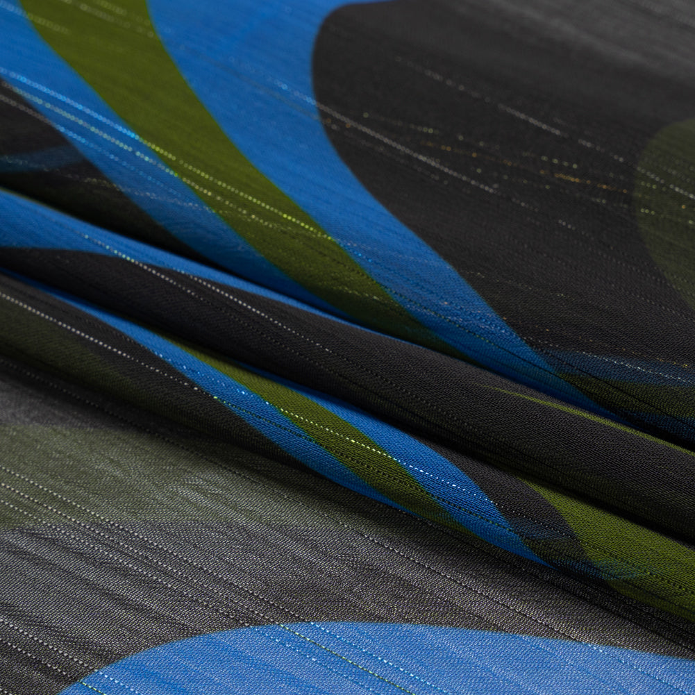 Polyester Chiffon Print with Metallic Pinstripes - Blue, Green and Black Waves - Mood Exclusive Ebb and Flow Folded