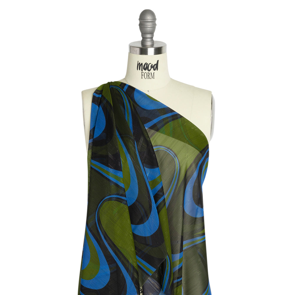 Polyester Chiffon Print with Metallic Pinstripes - Blue, Green and Black Waves - Mood Exclusive Ebb and Flow Drape