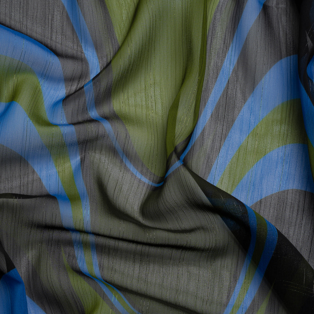 Polyester Chiffon Print with Metallic Pinstripes - Blue, Green and Black Waves - Mood Exclusive Ebb and Flow