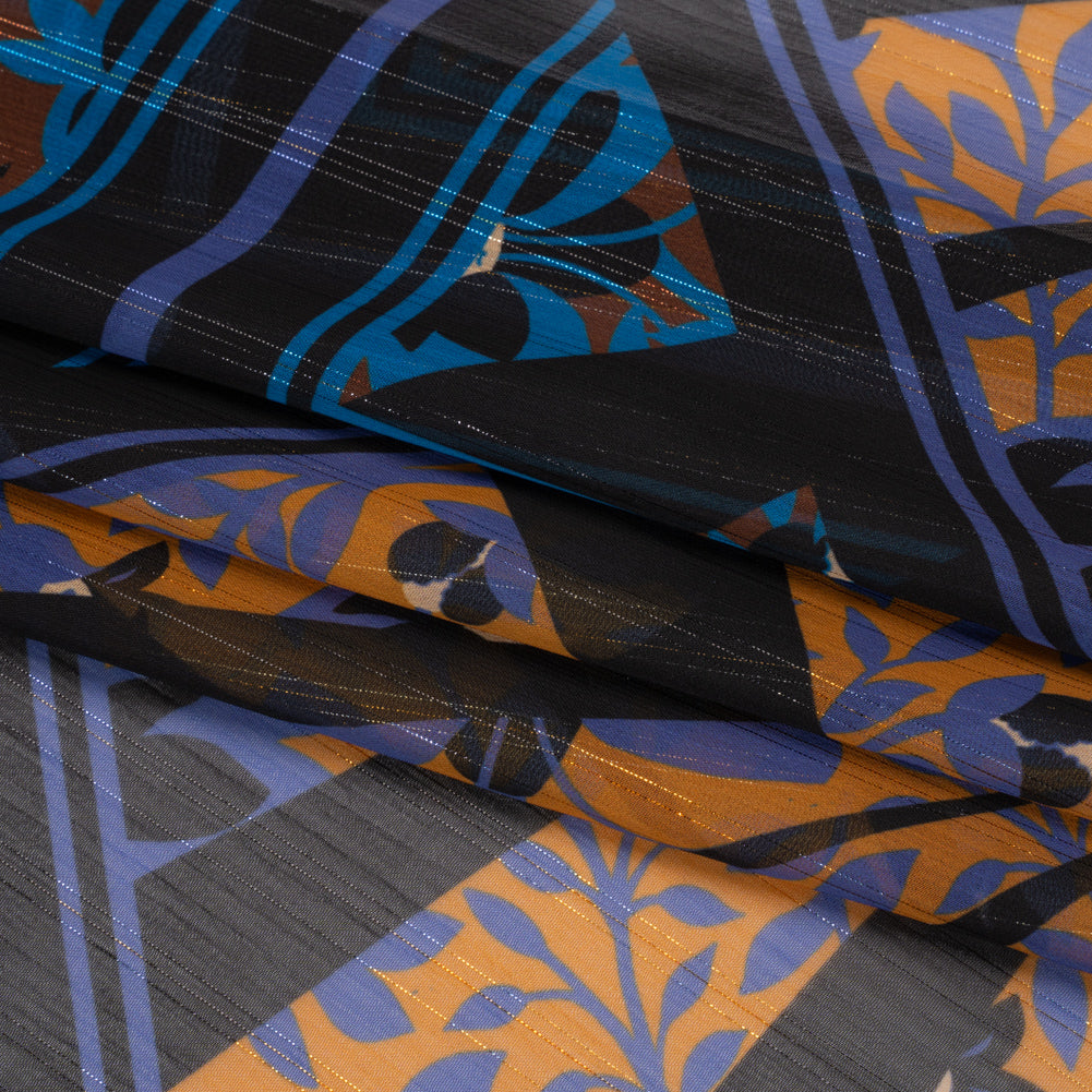 Polyester Chiffon Print with Metallic Pinstripes - Orange, Blue and Black Floral and Geometric - Mood Exclusive Through the Pane Folded