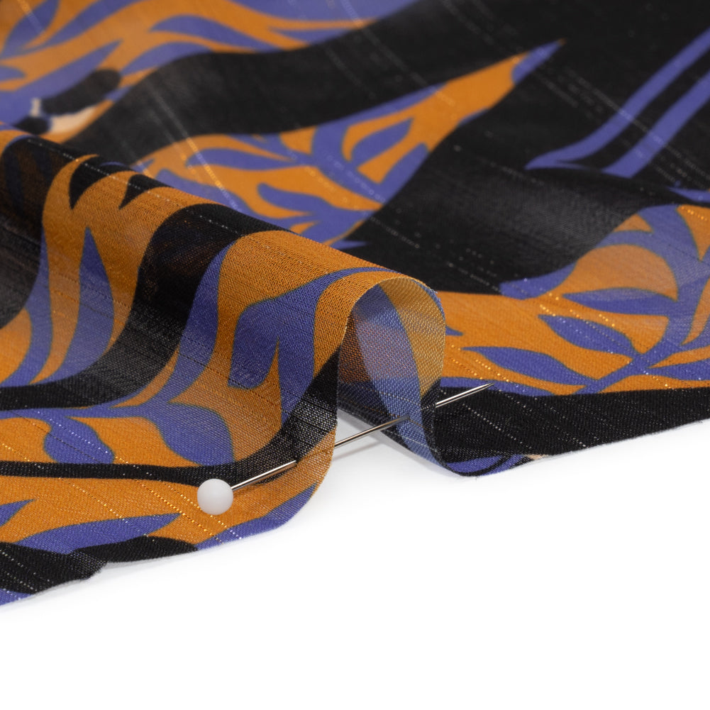 Polyester Chiffon Print with Metallic Pinstripes - Orange, Blue and Black Floral and Geometric - Mood Exclusive Through the Pane Detail