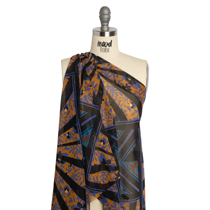 Polyester Chiffon Print with Metallic Pinstripes - Orange, Blue and Black Floral and Geometric - Mood Exclusive Through the Pane Drape
