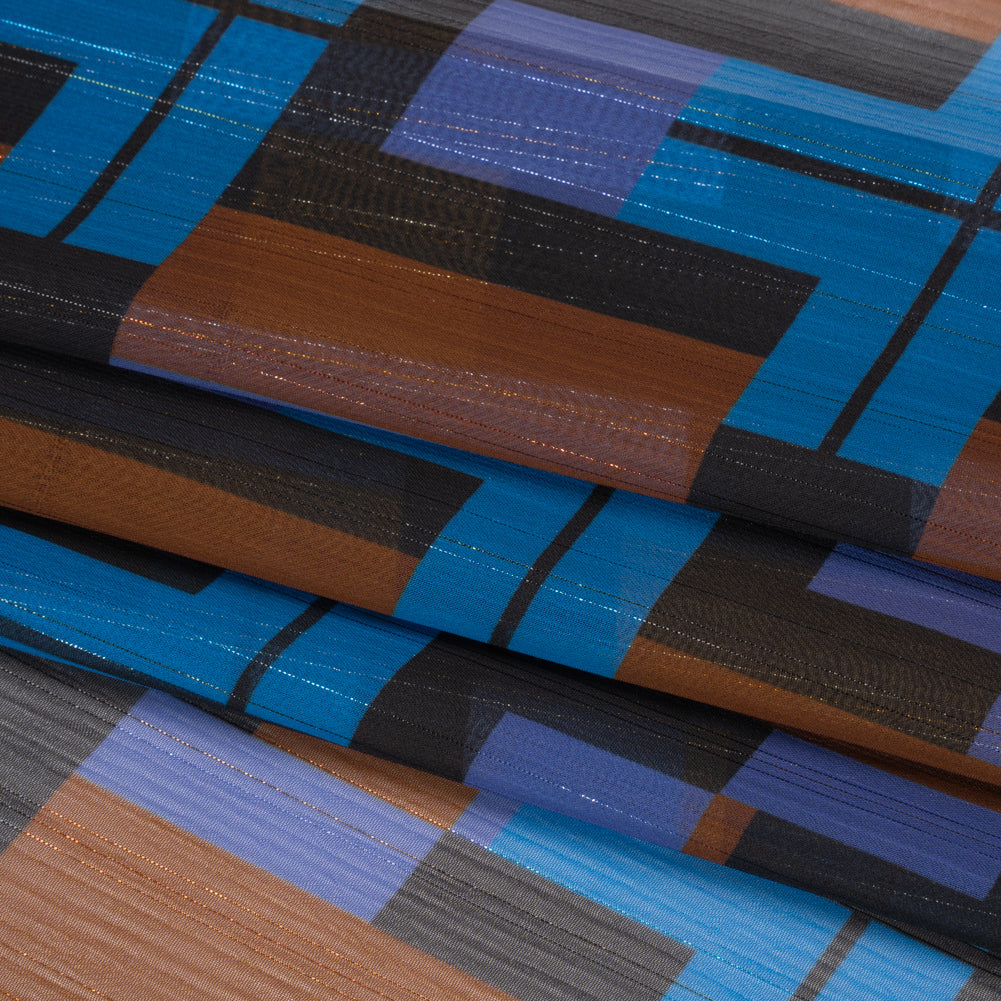 Polyester Chiffon Print with Metallic Pinstripes - Blue, Purple and Brown Geometric - Mood Exclusive Geometric Jigsaw Folded