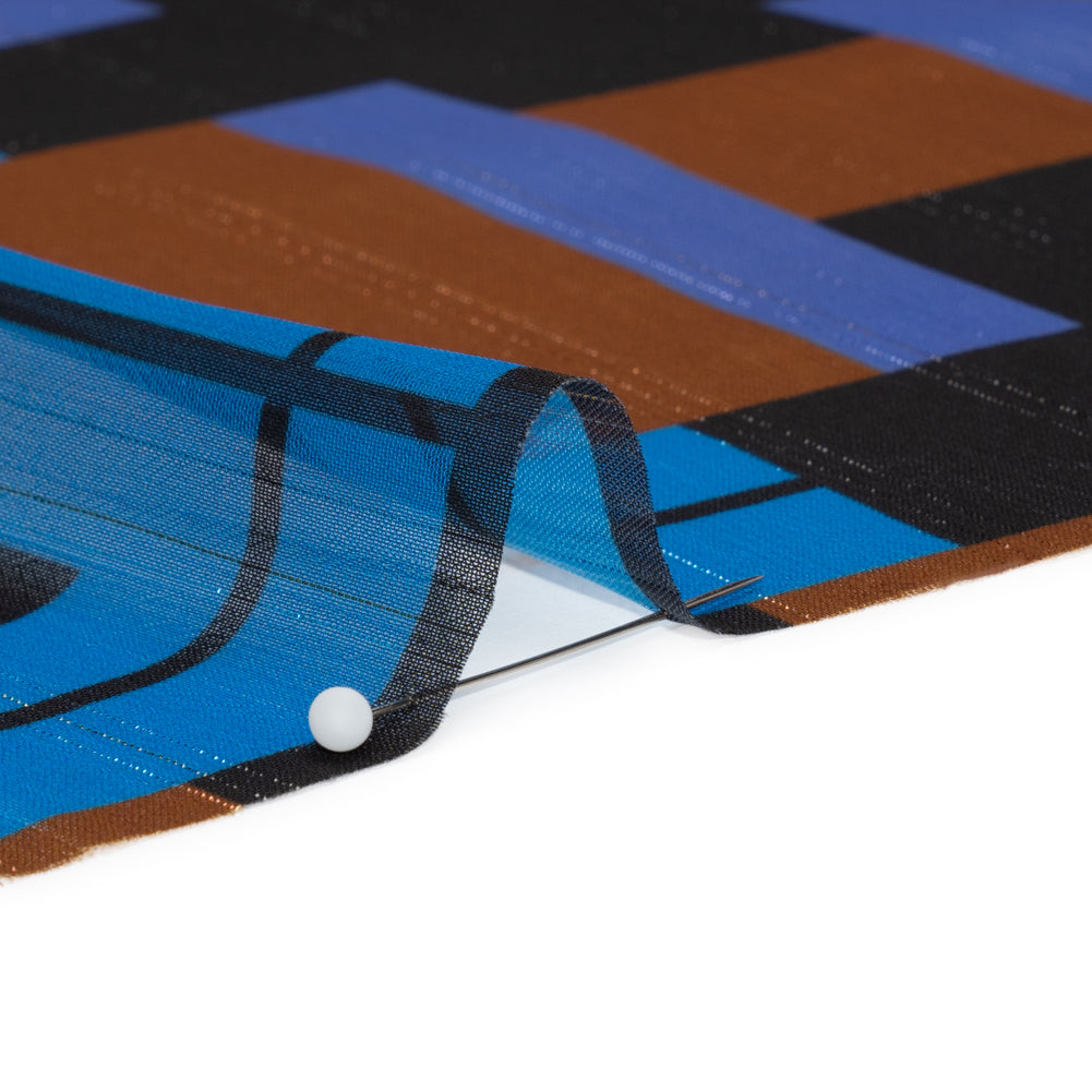 Polyester Chiffon Print with Metallic Pinstripes - Blue, Purple and Brown Geometric - Mood Exclusive Geometric Jigsaw Detail