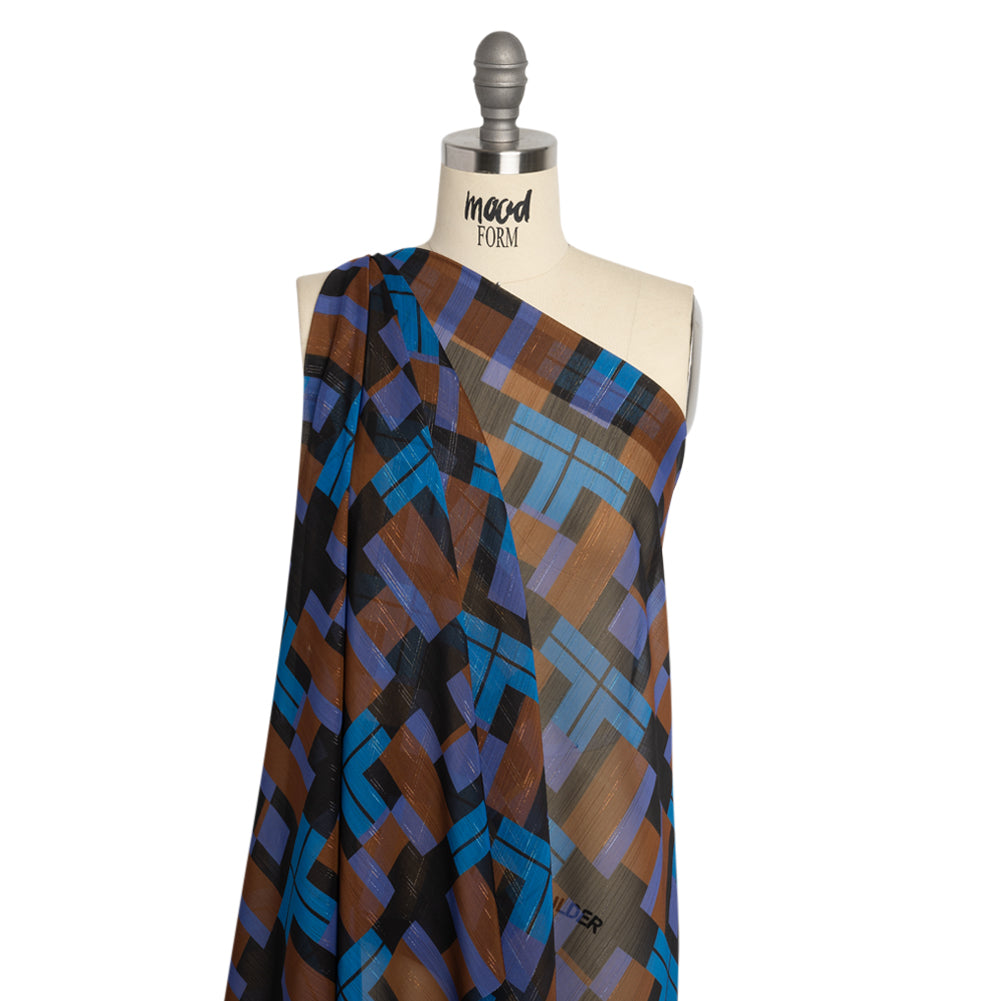 Polyester Chiffon Print with Metallic Pinstripes - Blue, Purple and Brown Geometric - Mood Exclusive Geometric Jigsaw Drape