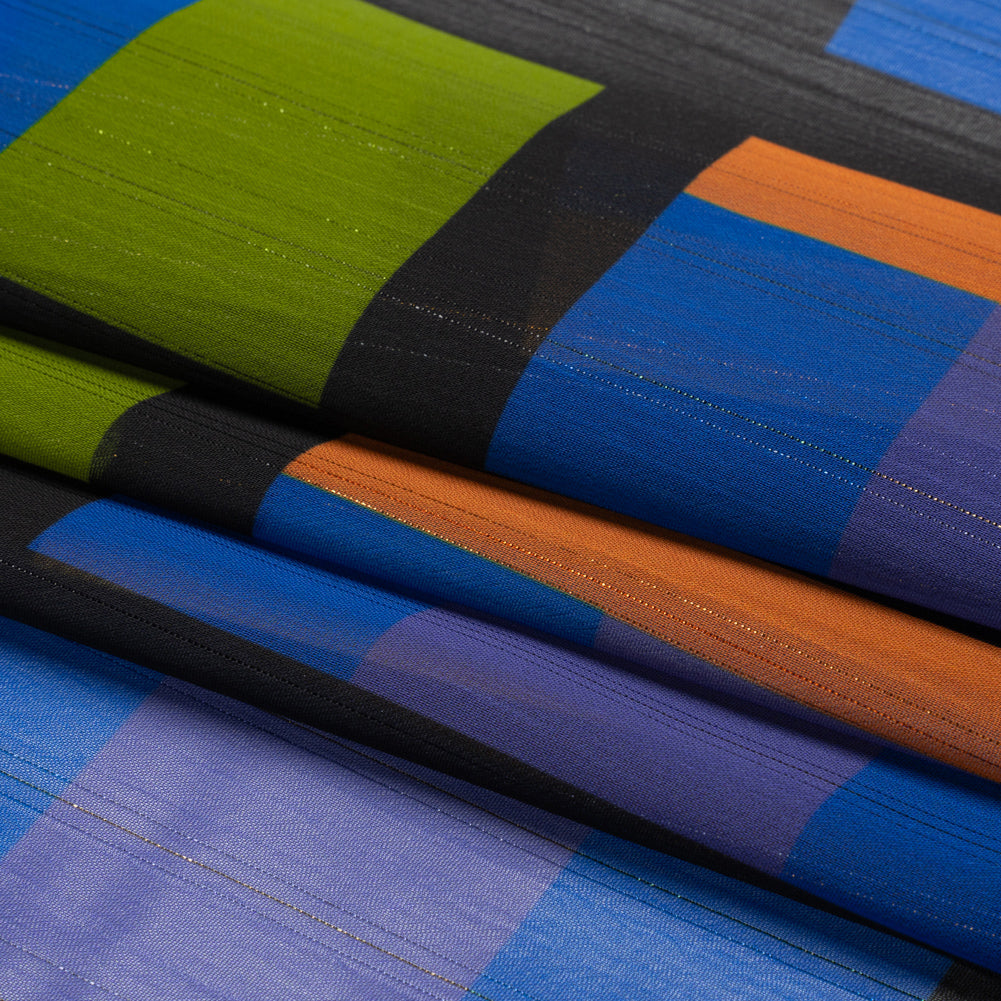 Polyester Chiffon Print with Metallic Pinstripes - Green, Orange and Blue Geometric - Mood Exclusive Through the Window Folded