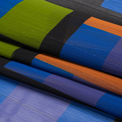 Polyester Chiffon Print with Metallic Pinstripes - Green, Orange and Blue Geometric - Mood Exclusive Through the Window Folded
