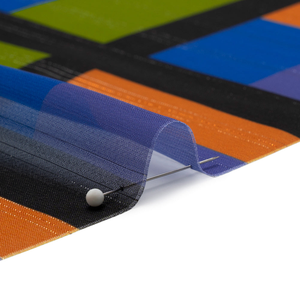 Polyester Chiffon Print with Metallic Pinstripes - Green, Orange and Blue Geometric - Mood Exclusive Through the Window Detail