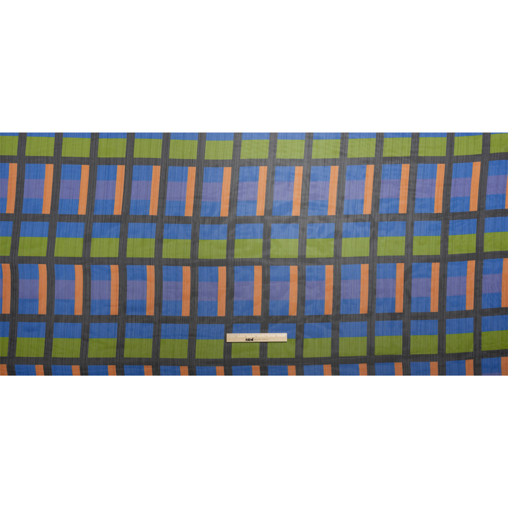 Polyester Chiffon Print with Metallic Pinstripes - Green, Orange and Blue Geometric - Mood Exclusive Through the Window Full