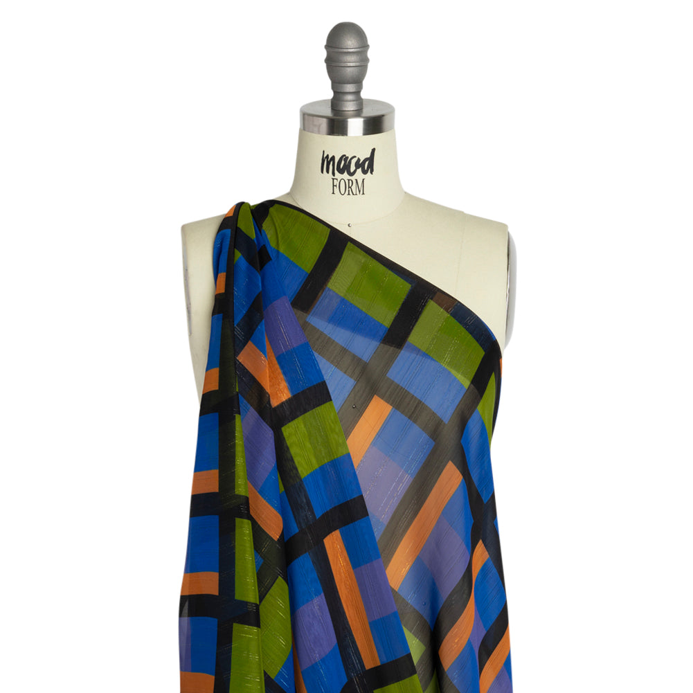 Polyester Chiffon Print with Metallic Pinstripes - Green, Orange and Blue Geometric - Mood Exclusive Through the Window Drape