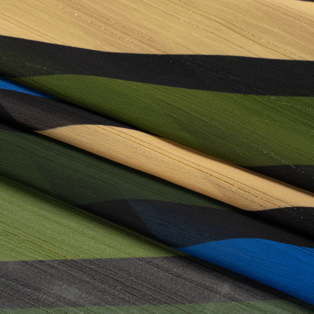 Polyester Chiffon Print with Metallic Pinstripes - Blue and Green Diagonal Stripes - Mood Exclusive Seemingly Slanted Folded