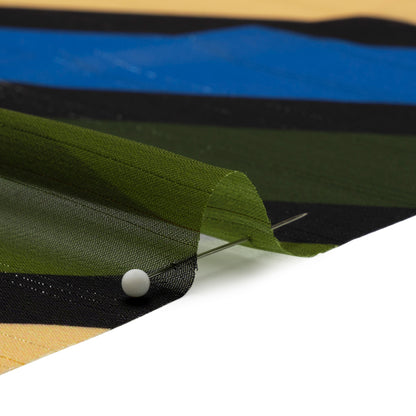 Polyester Chiffon Print with Metallic Pinstripes - Blue and Green Diagonal Stripes - Mood Exclusive Seemingly Slanted Detail