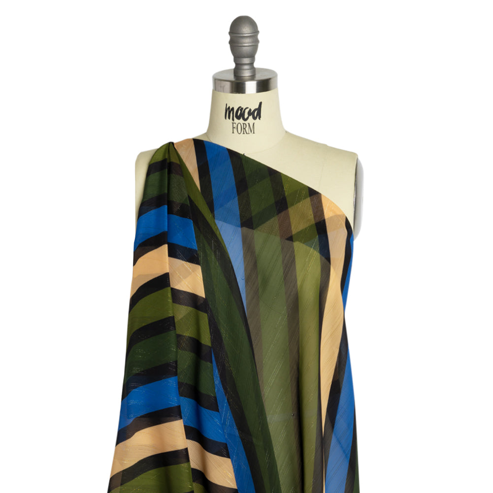 Polyester Chiffon Print with Metallic Pinstripes - Blue and Green Diagonal Stripes - Mood Exclusive Seemingly Slanted Drape
