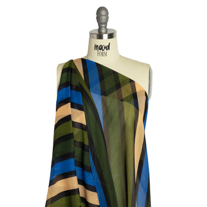 Polyester Chiffon Print with Metallic Pinstripes - Blue and Green Diagonal Stripes - Mood Exclusive Seemingly Slanted Drape