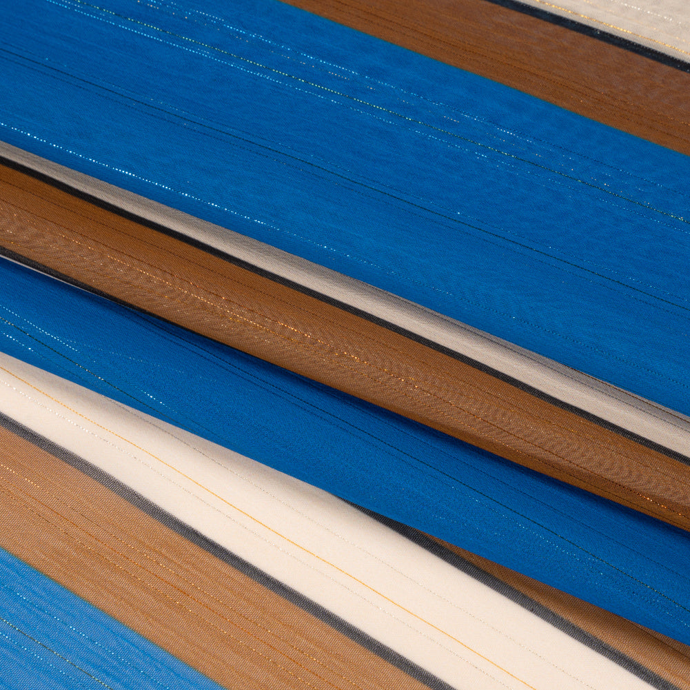 Polyester Chiffon Print with Metallic Pinstripes - Blue and Brown Stripes - Mood Exclusive Sandbridge Stripes Folded
