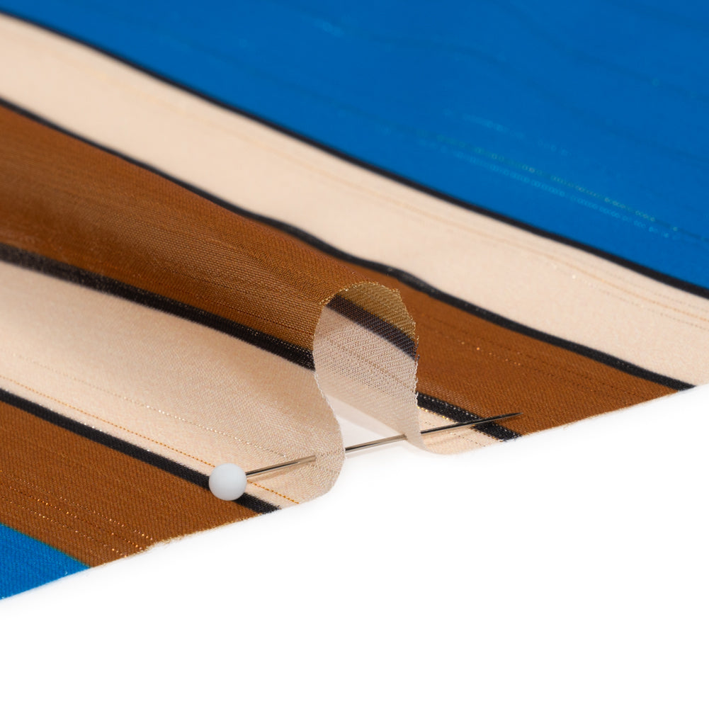 Polyester Chiffon Print with Metallic Pinstripes - Blue and Brown Stripes - Mood Exclusive Sandbridge Stripes Detail