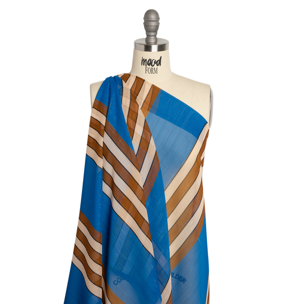 Polyester Chiffon Print with Metallic Pinstripes - Blue and Brown Stripes - Mood Exclusive Sandbridge Stripes Drape