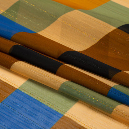 Polyester Chiffon Print with Metallic Pinstripes - Brown, Green and Yellow Plaid - Mood Exclusive Rooks and Bishops Folded