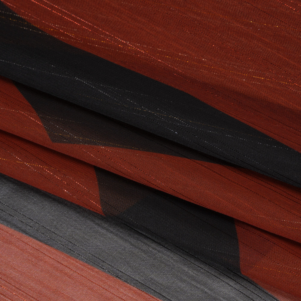 Polyester Chiffon Print with Metallic Pinstripes - Rust Red and Black Abstract - Mood Exclusive Fondue Funhouse Folded