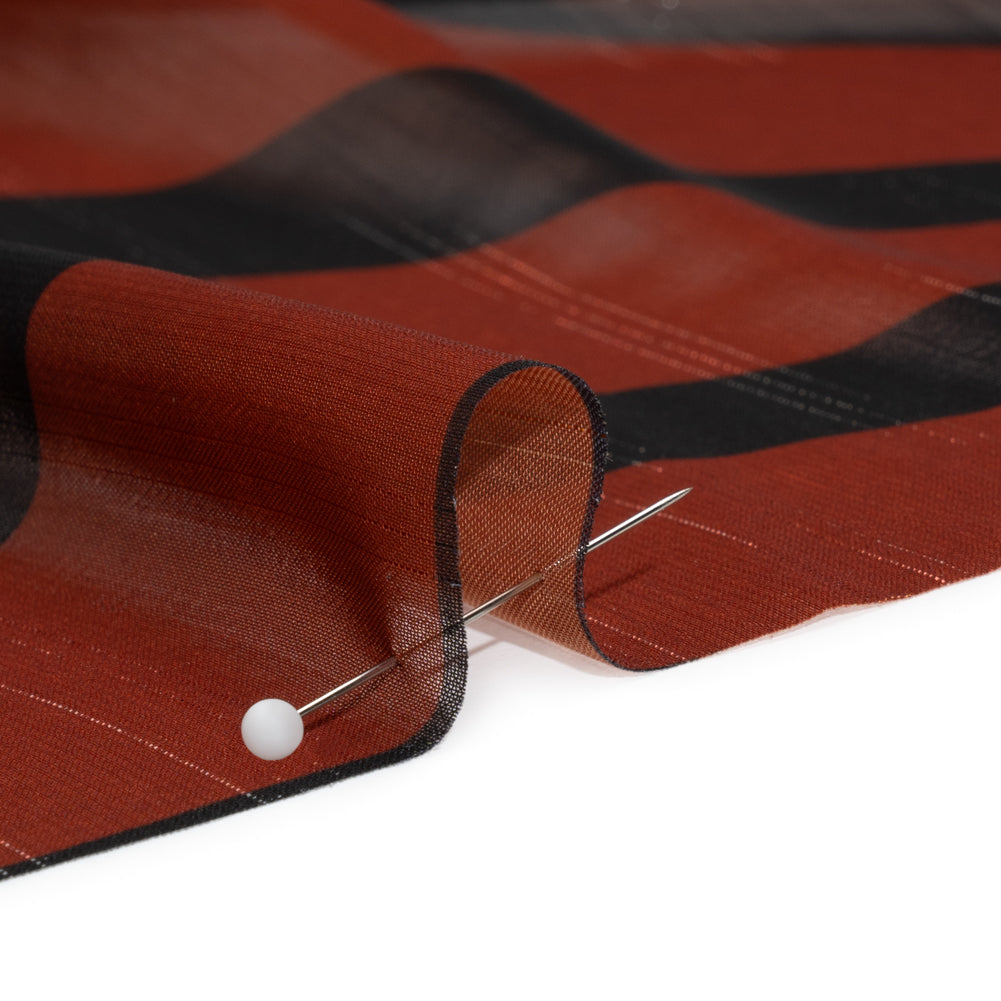 Polyester Chiffon Print with Metallic Pinstripes - Rust Red and Black Abstract - Mood Exclusive Fondue Funhouse Detail