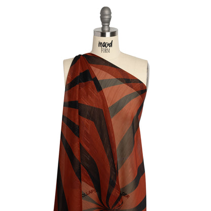 Polyester Chiffon Print with Metallic Pinstripes - Rust Red and Black Abstract - Mood Exclusive Fondue Funhouse Drape