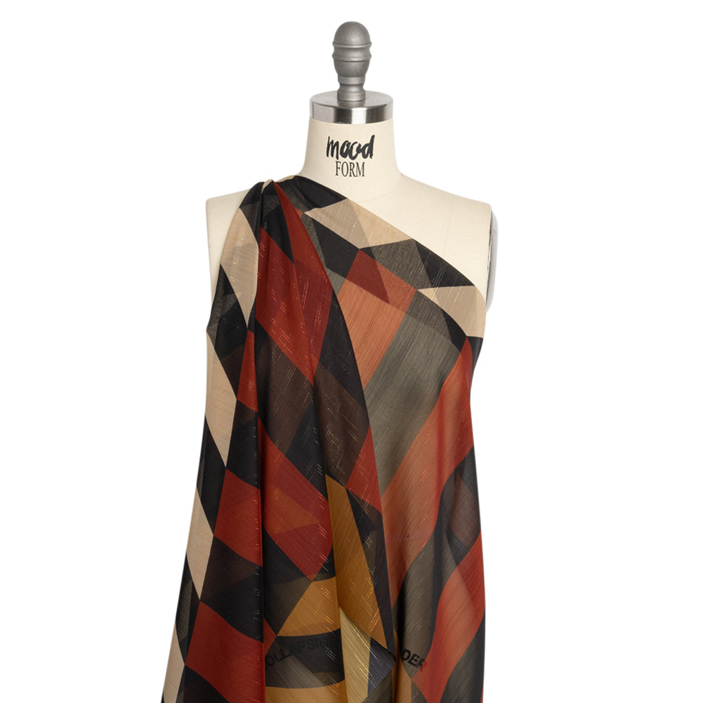 Polyester Chiffon Print with Metallic Pinstripes - Black and Brown Blocky Stripes - Mood Exclusive Shadows and Rays Drape