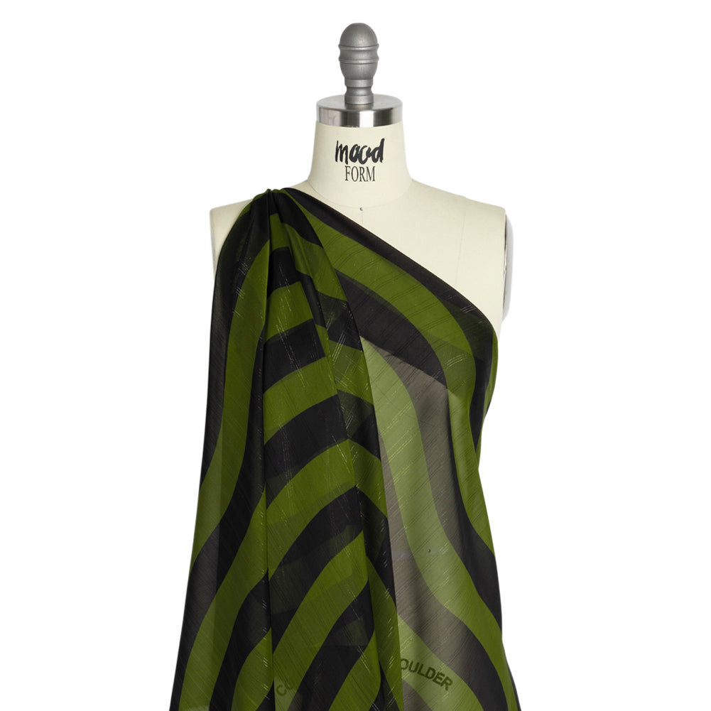 Polyester Chiffon Print with Metallic Pinstripes - Green and Black Wavy Stripes - Mood Exclusive Delray Daze Drape