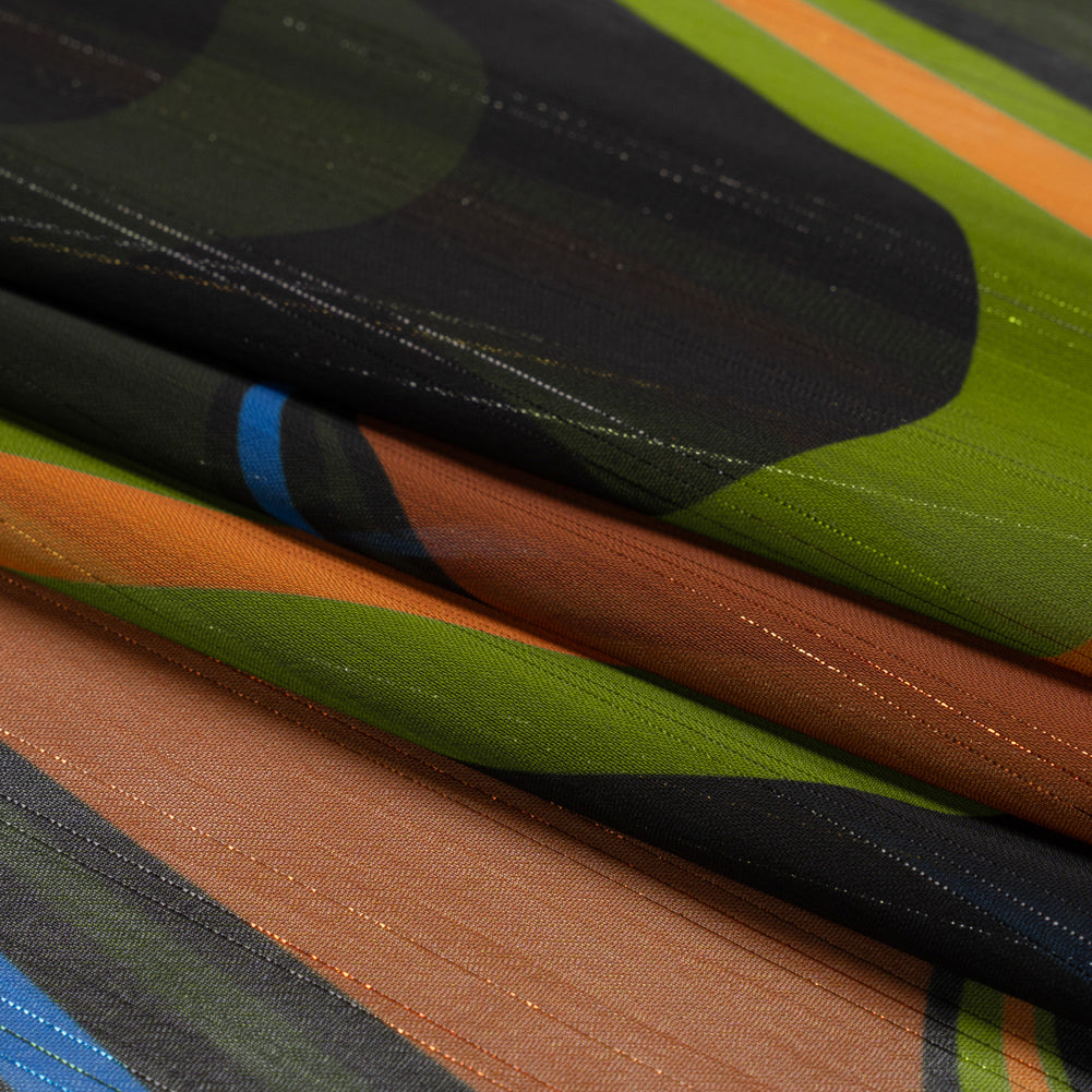 Polyester Chiffon Print with Metallic Pinstripes - Brown, Green and Black Waves - Mood Exclusive Ebb and Flow Folded
