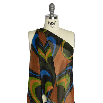 Polyester Chiffon Print with Metallic Pinstripes - Brown, Green and Black Waves - Mood Exclusive Ebb and Flow Drape