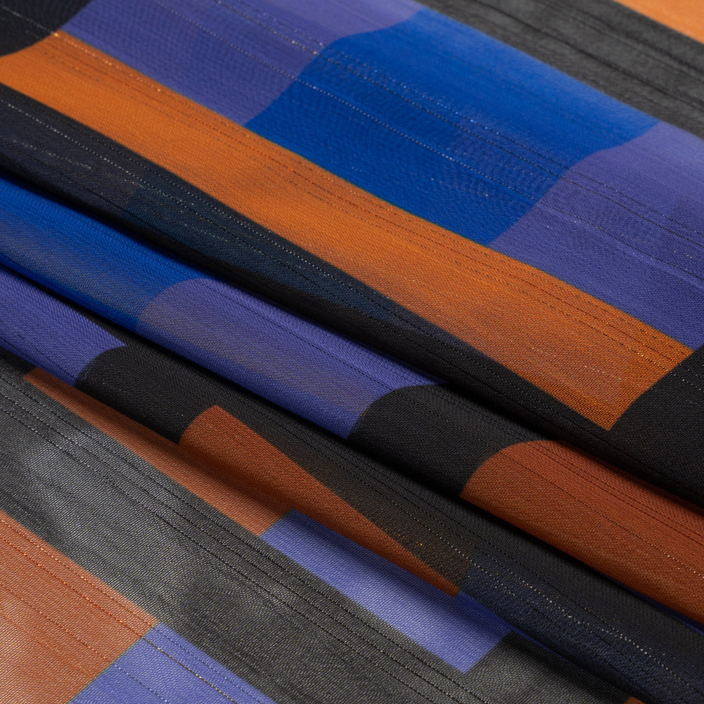 Polyester Chiffon Print with Metallic Pinstripes - Purple, Brown and Black Geometric - Mood Exclusive Through the Window Folded