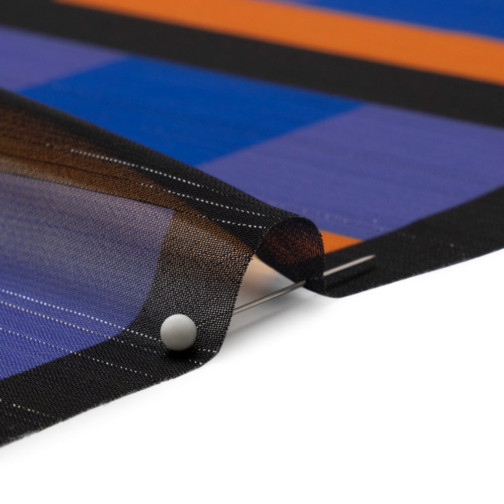 Polyester Chiffon Print with Metallic Pinstripes - Purple, Brown and Black Geometric - Mood Exclusive Through the Window Detail