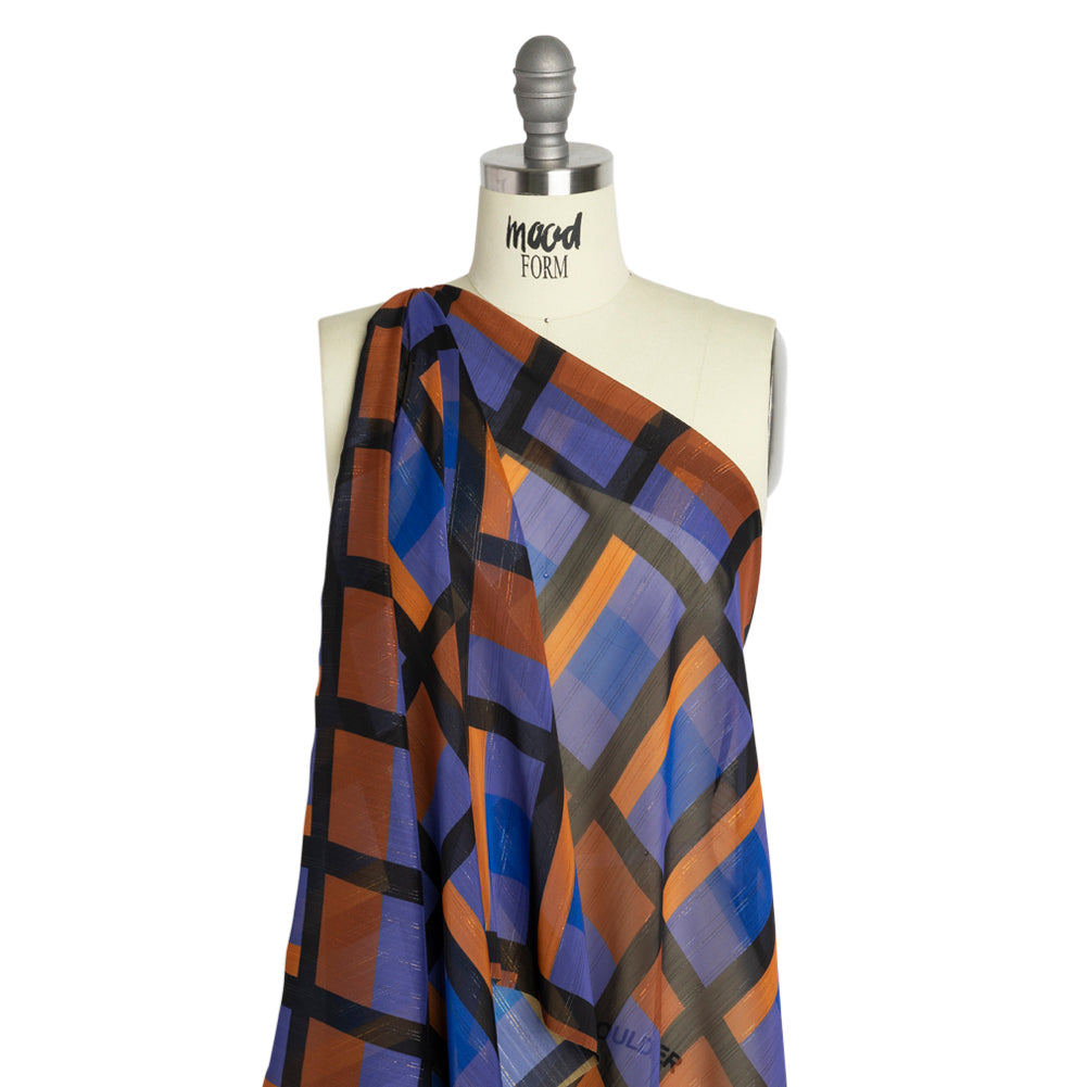 Polyester Chiffon Print with Metallic Pinstripes - Purple, Brown and Black Geometric - Mood Exclusive Through the Window Drape