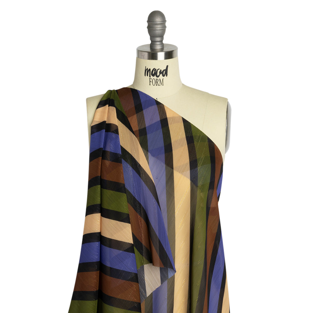 Polyester Chiffon Print with Metallic Pinstripes - Brown, Green and Purple Diagonal Stripes - Mood Exclusive Seemingly Slanted Drape