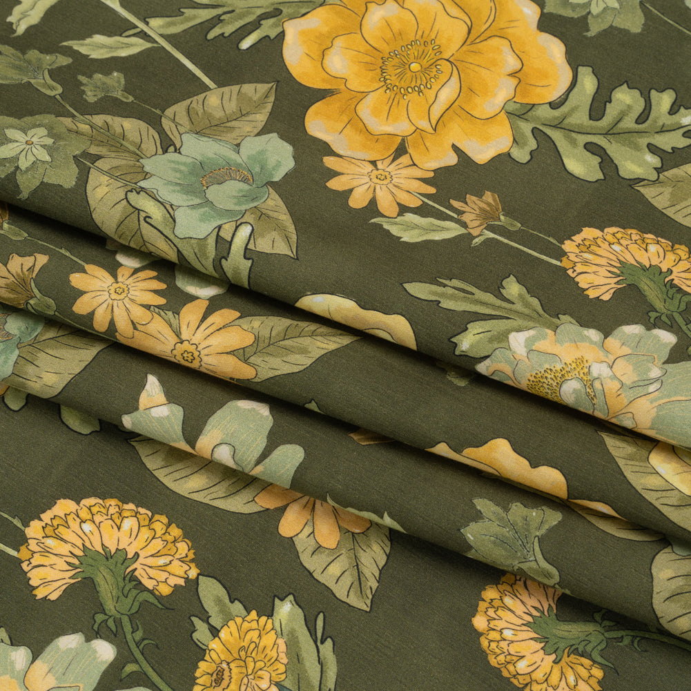 Cotton Poplin Print - Olive Green and Yellow Floral - Mood Exclusive Glorious Gardens Folded