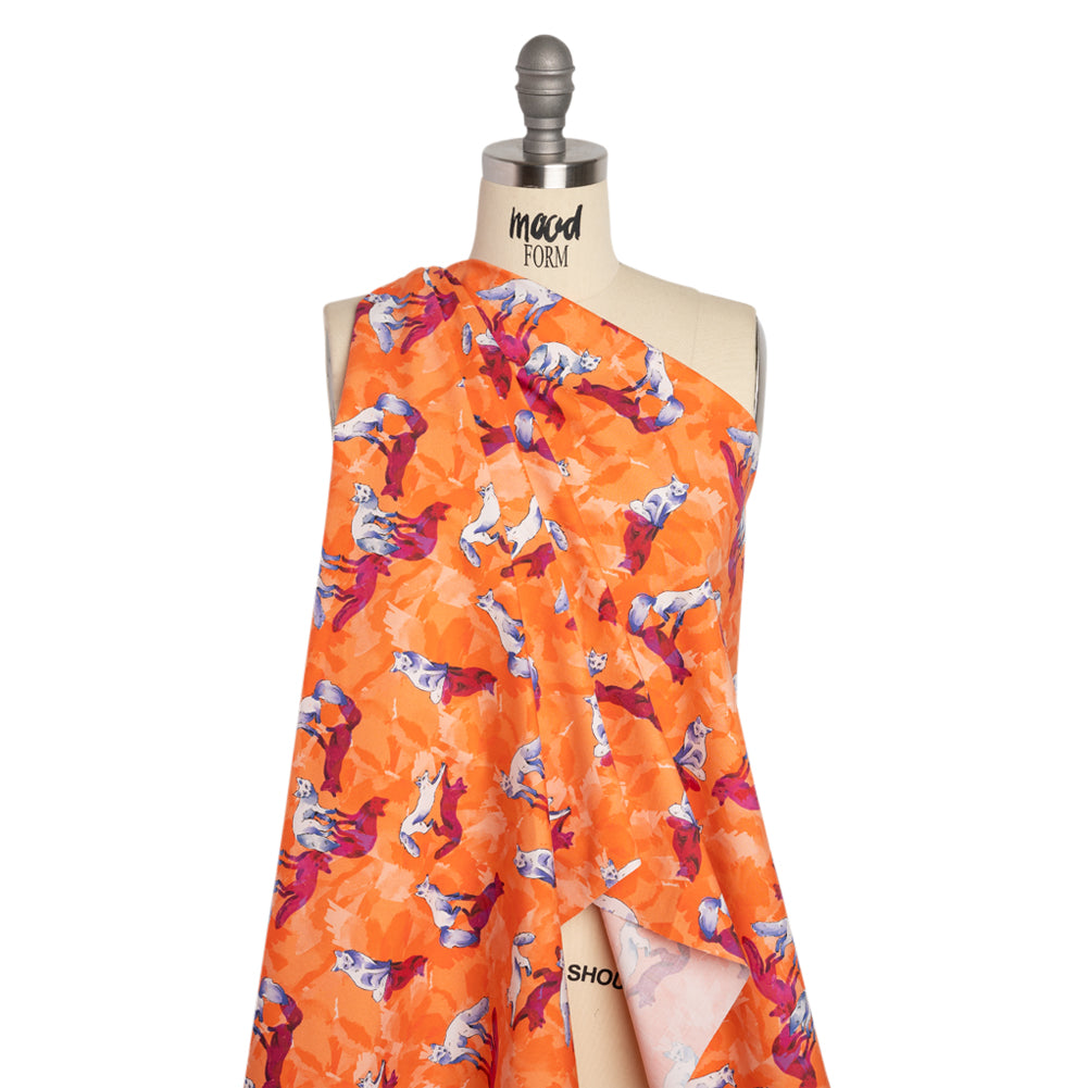 Stretch Cotton Poplin Print - Orange and Pink Arctic Foxes - Mood Exclusive Shadow Work Drape