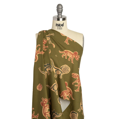 Stretch Cotton Poplin Print - Olive, Navy and Rust Dinosaur Bones and Fossils - Mood Exclusive Discovery Dig Drape