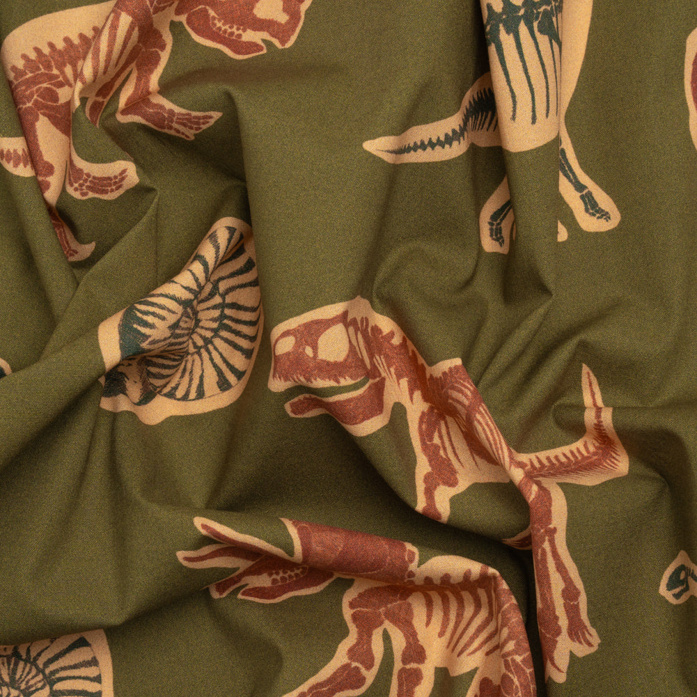 Stretch Cotton Poplin Print - Olive, Navy and Rust Dinosaur Bones and Fossils - Mood Exclusive Discovery Dig