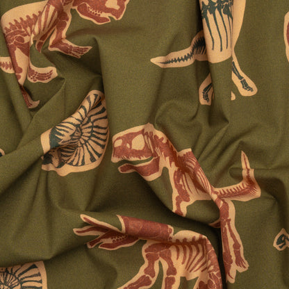 Stretch Cotton Poplin Print - Olive, Navy and Rust Dinosaur Bones and Fossils - Mood Exclusive Discovery Dig