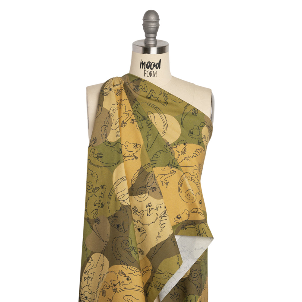 Stretch Cotton Poplin Print - Green Chameleons - Mood Exclusive Commander of Camouflage Drape