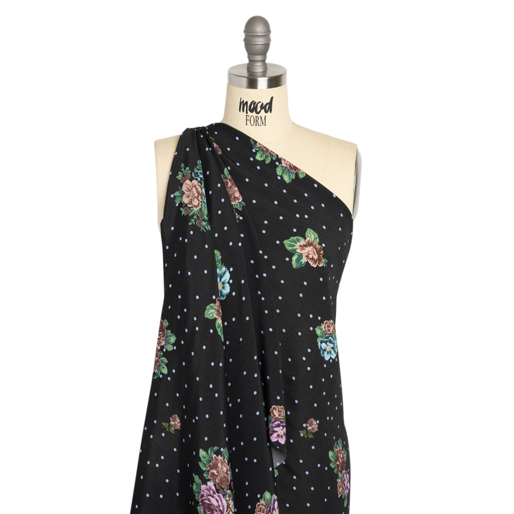 Viscose Crepe Print - Black, Lavender and Rust Red Polka Dots and Florals - Mood Exclusive Bring on Beauty Detail