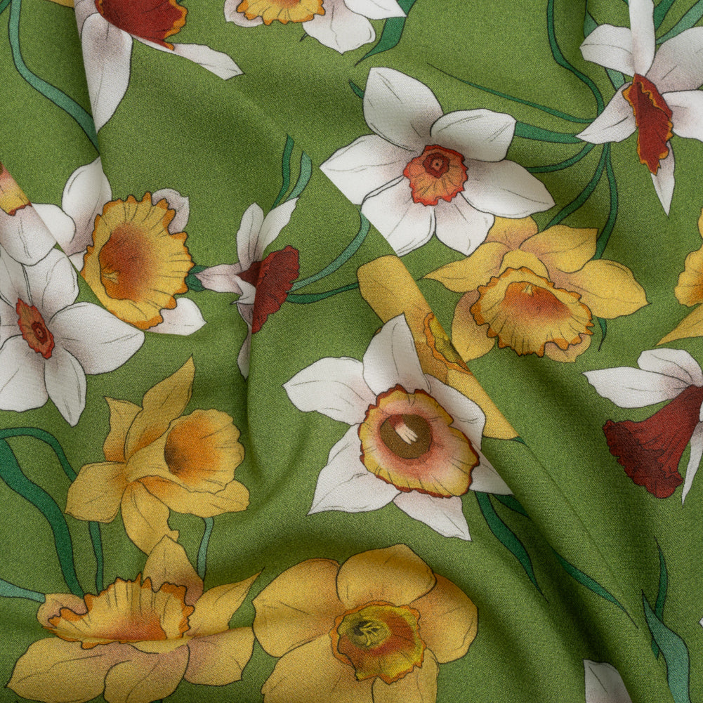 Viscose Crepe Print - Green, Yellow and Red Floral - Mood Exclusive Dizzy about Daffodils